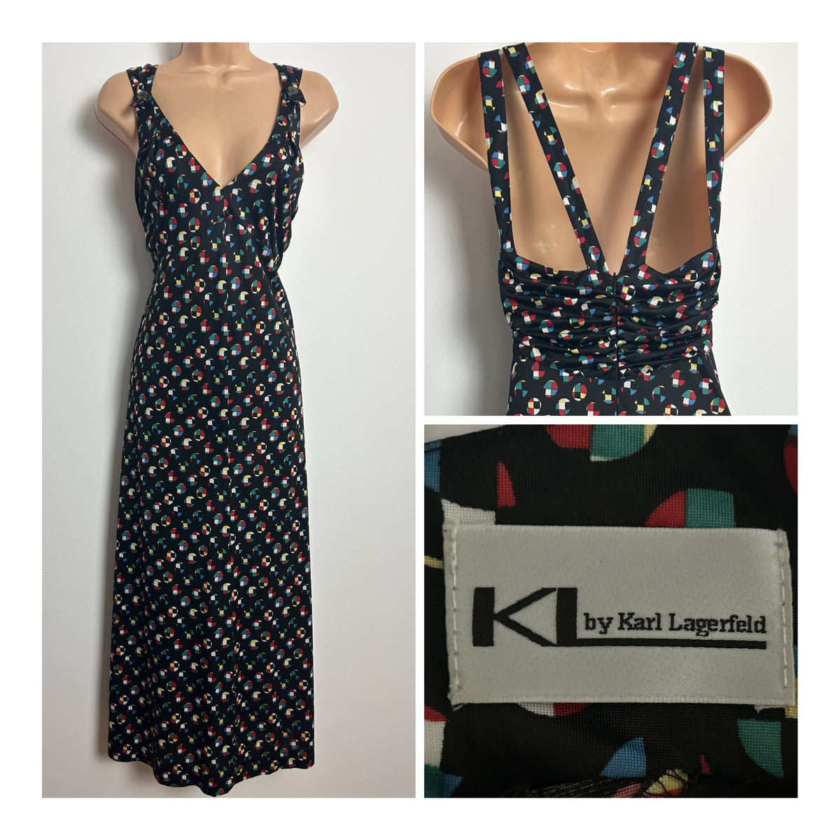 Vintage Late 1980s Early 1990s KL By KARL LAGERFELD Size 12 Black Geometric Print Cross Strap Maxi Dress