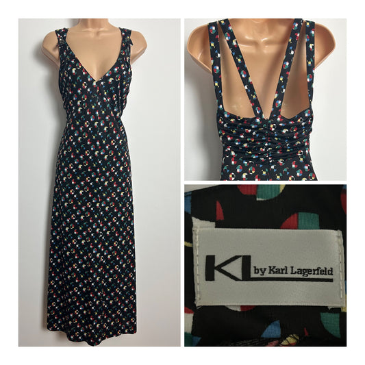 Vintage Late 1980s Early 1990s KL By KARL LAGERFELD Size 12 Black Geometric Print Cross Strap Maxi Dress