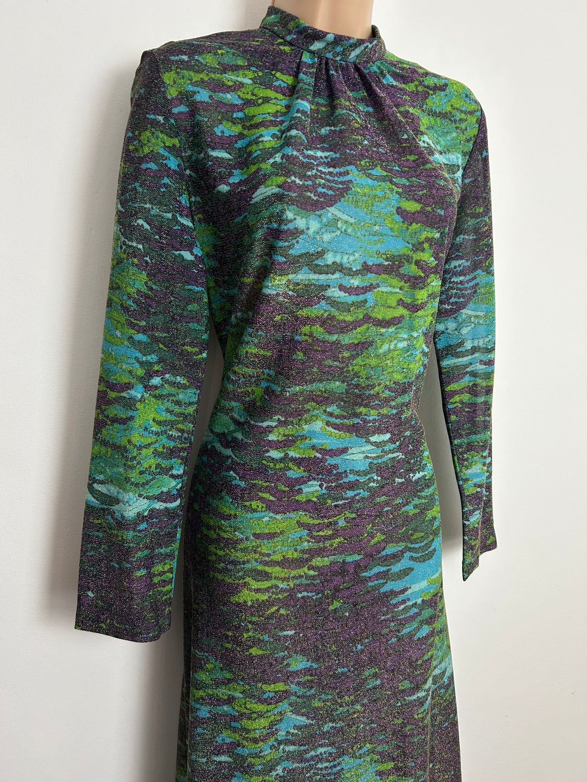 Vintage 1970s EASTEX Size 10-12 Green Purple & Turquoise Abstract Print Lurex Shimmery Occasion Maxi Dress