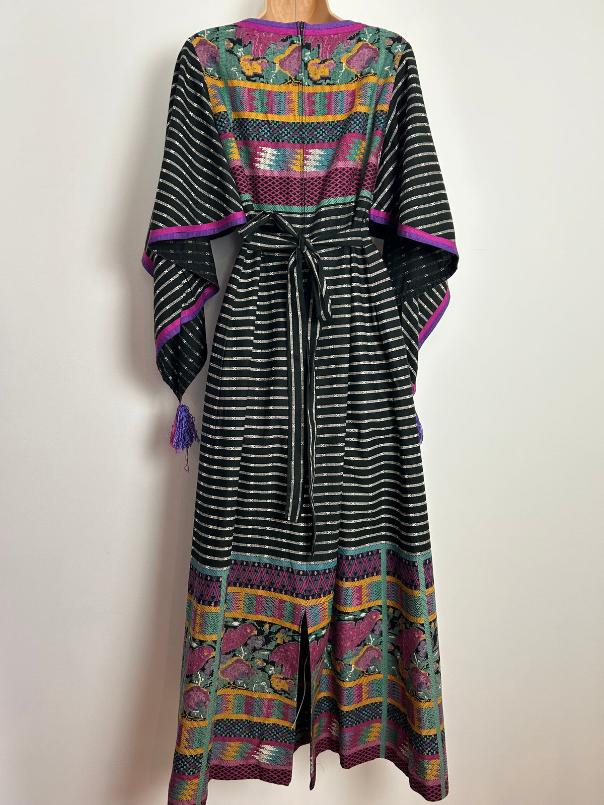 Vintage 1970s LUCIE LINDEN Size 8 Black White Green & Dark Yellow Cotton Pointed Tassel Sleeve Boho Maxi Dress