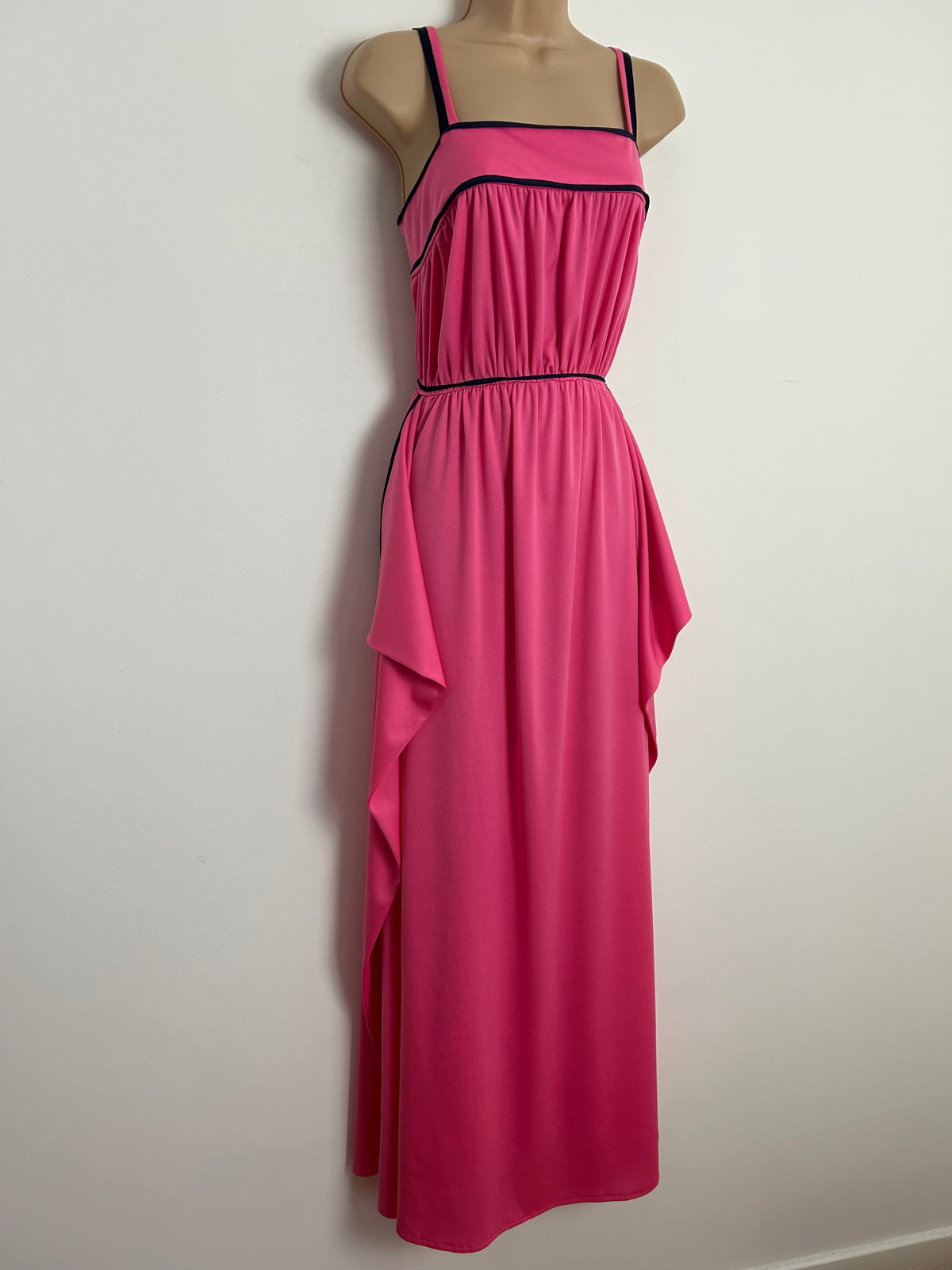 Vintage 1970s Size 6 Candy Pink & Navy Blue Trim Strappy Drape Sides Maxi Dress