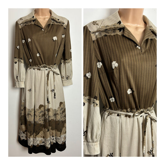 Vintage Late 1970s Size 14-16 Brown & Beige Stripe & Floral Belted Pleated Day Dress