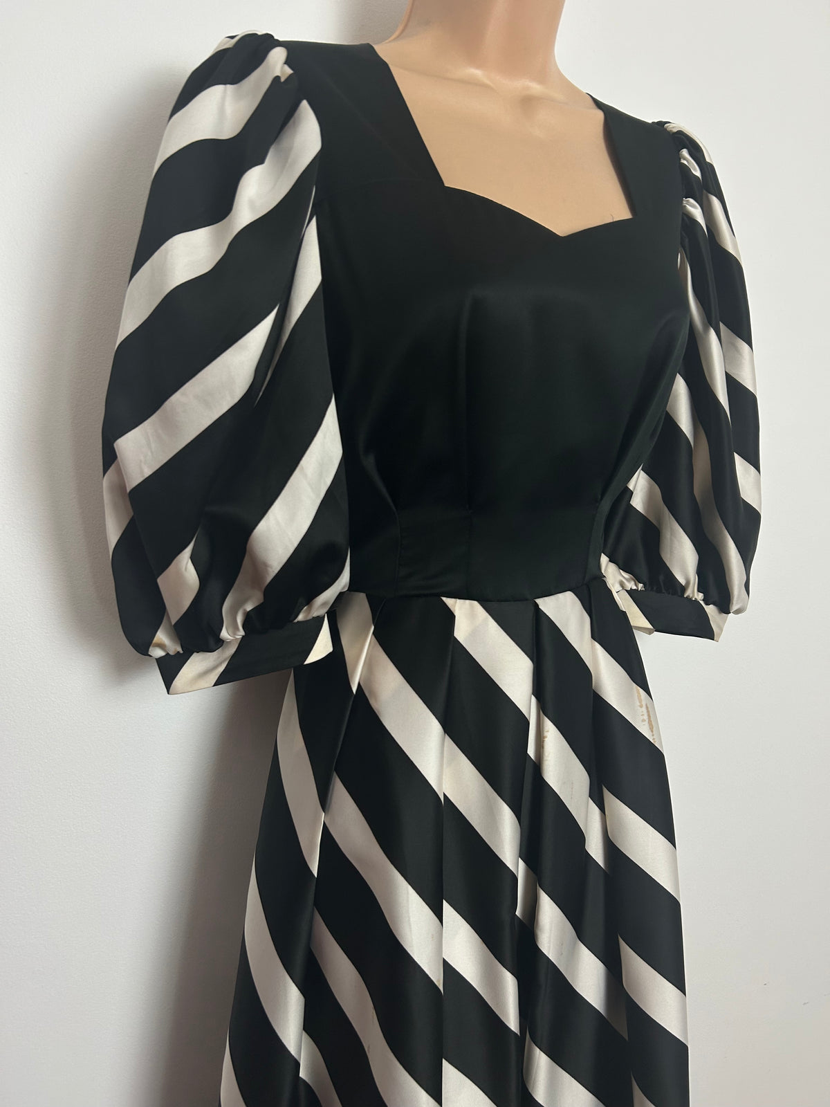 Vintage Early 1980s REBER Size 8 Black & White Stripe Mid Sleeves Occasion Maxi Dress