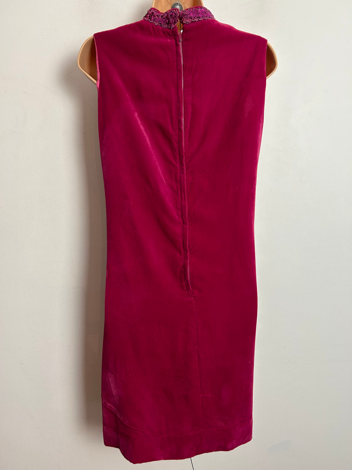 Vintage 1960s UK Size 12 Raspberry Red Velvet Sequin & Braid Trim Evening Shift Dress