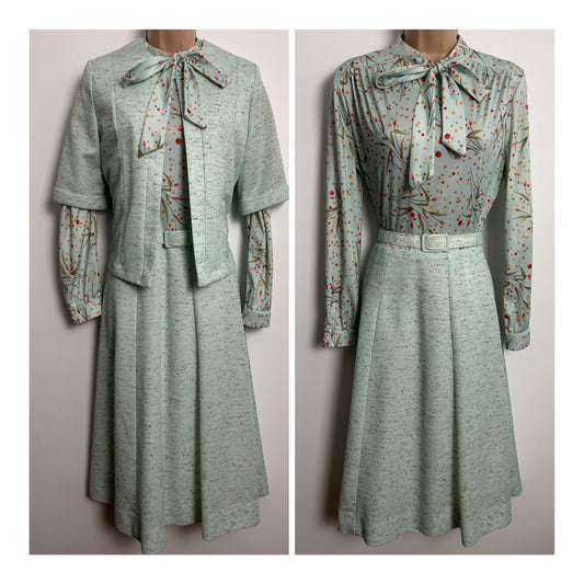 Vintage Early 1970s LEYGIL Size 8 Duck Egg & Orange Polka Dot & Flora Print Two Piece
