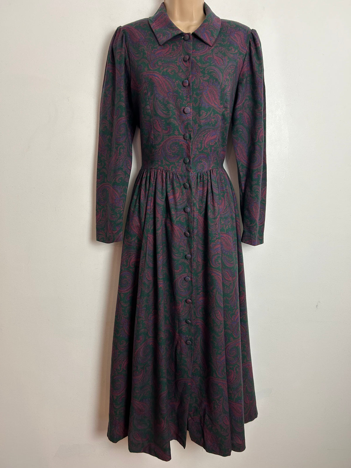 Vintage 80s LAURA ASHLEY UK 8-10 (Size 10 On Label) Very Dark Pink & Dark Green Floral Paisley Wool Mix Day Dress