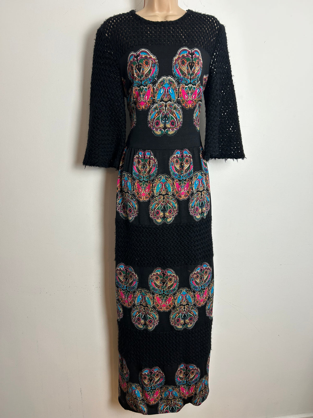Vintage Early 1970s IRWA Size 12 Black Blue & Pink Nouveau Print Knitted Neck & Sleeves Pure Wool Maxi Dress