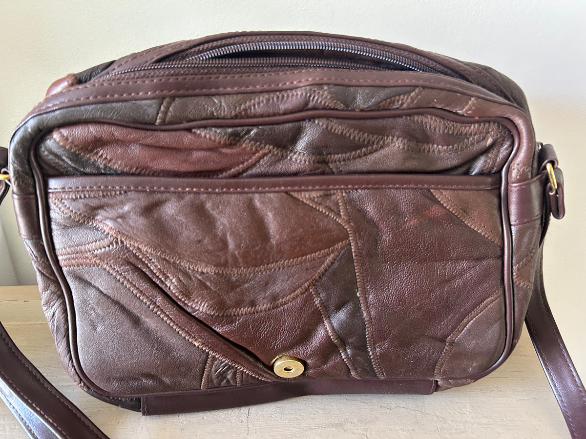 Vintage 1980s Brown Leather Patchwork Style Shoulder Or Cross Body Bag