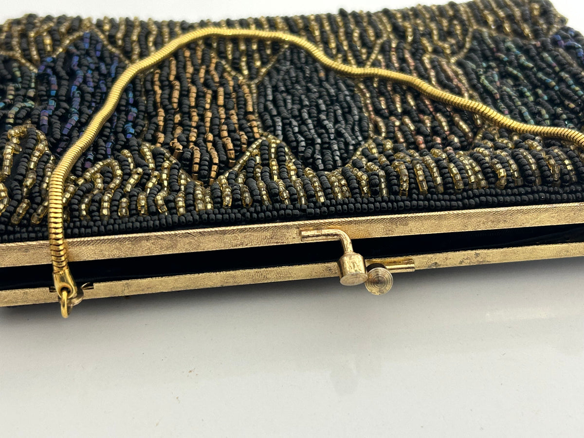 Vintage 1960s Handmade In Hong Kong Small Beaded Evening Bag With Snake Chain Handle