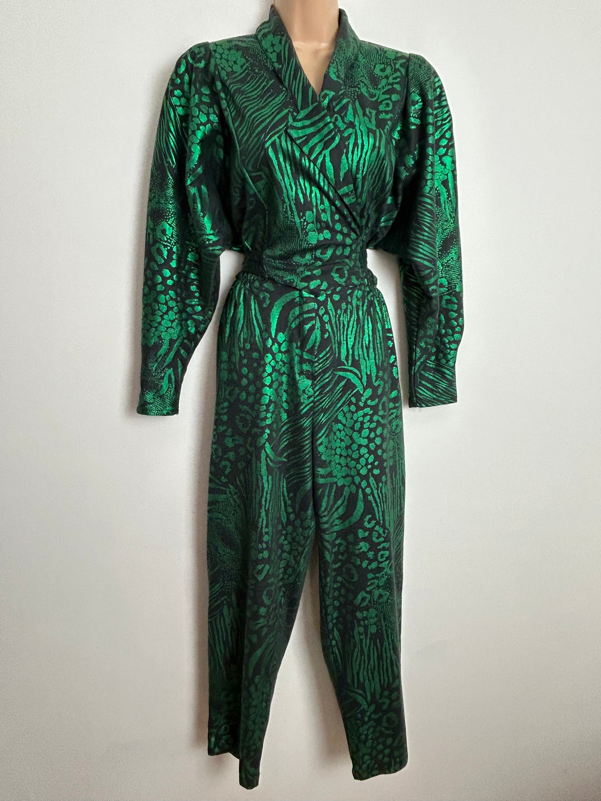 Vintage 1980s Approx UK Size 10-12 Black & Metallic Green Mixed Animal Print Long Sleeve Tie Back Tapered Leg Jumpsuit