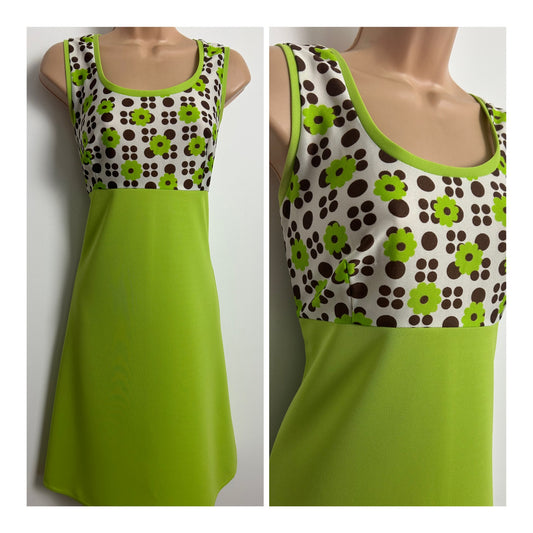 Vintage 1960s FREEMAN OF LONDON Size 12 Lime Green White & Brown Daisy & Spot Print Mod Shift Dress