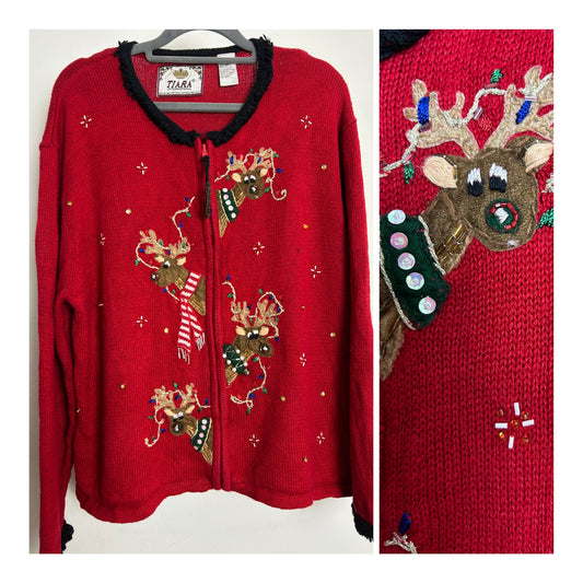 Vintage Y2K TIARA INTERNATIONAL Size XL Up to Size 16 Red Embellished Christmas Reindeer Cardigan