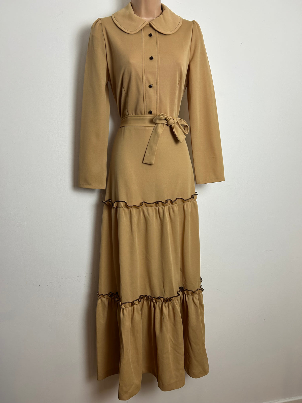 Vintage 1970s Size 10 Sandy Beige Crimplene Belted Tiered Long Sleeve Maxi Dress