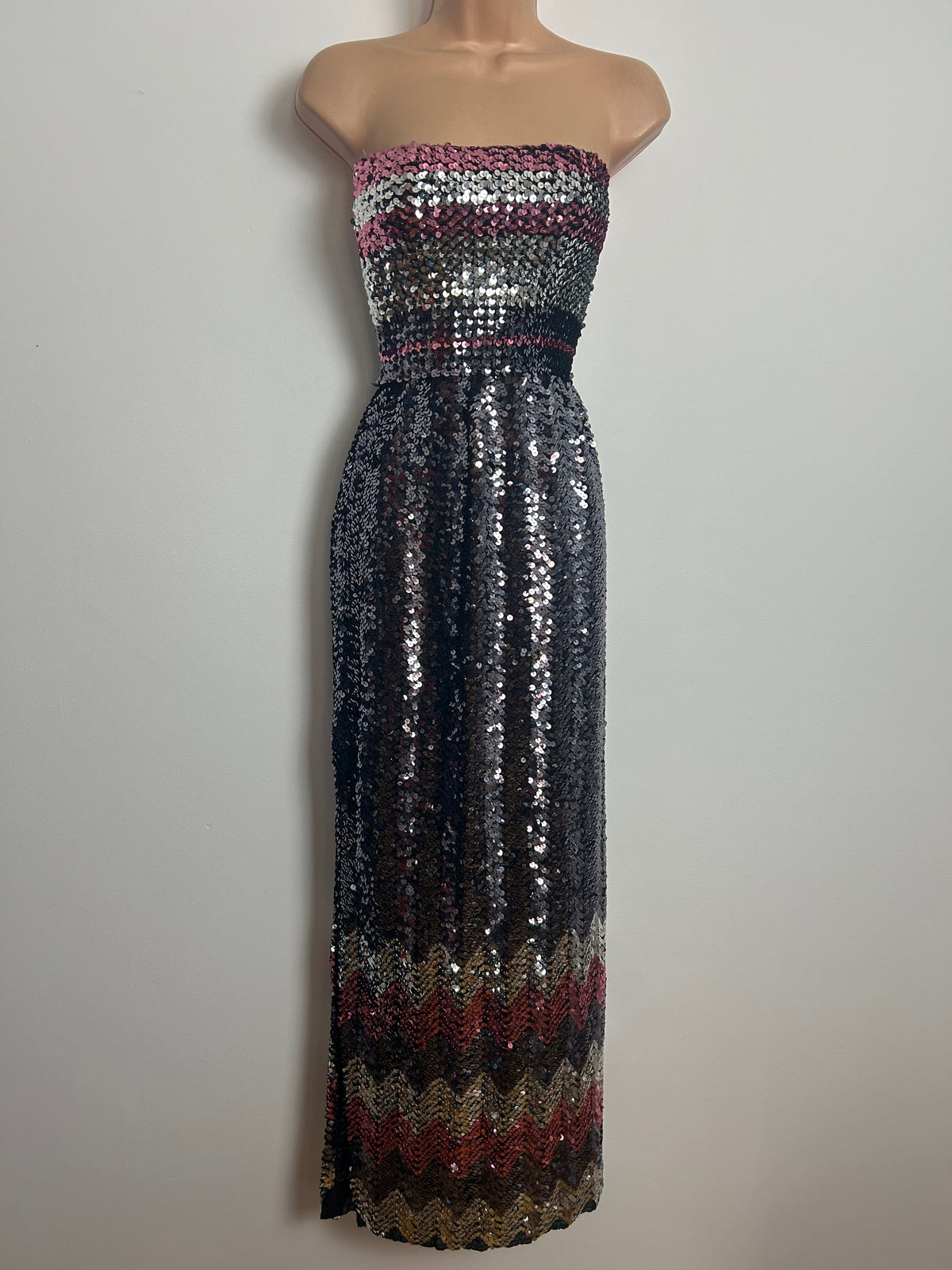 Vintage Late 1970s Up To Size 10 Black Silver Pink & Purple Sequin Strapless Evening Maxi Dress