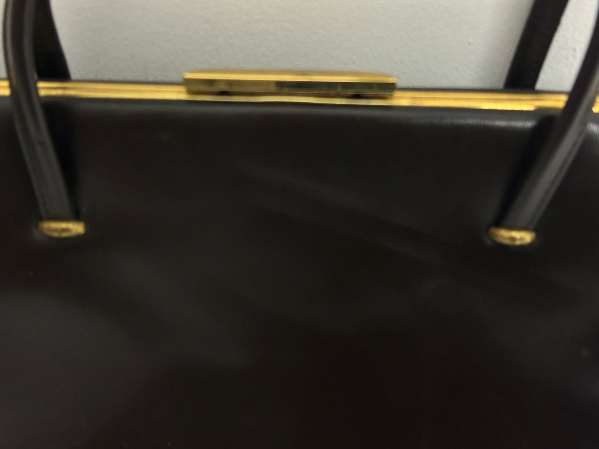 Vintage 1950s Matt Brown Leather Kelly Handbag With Gold Tone Frame