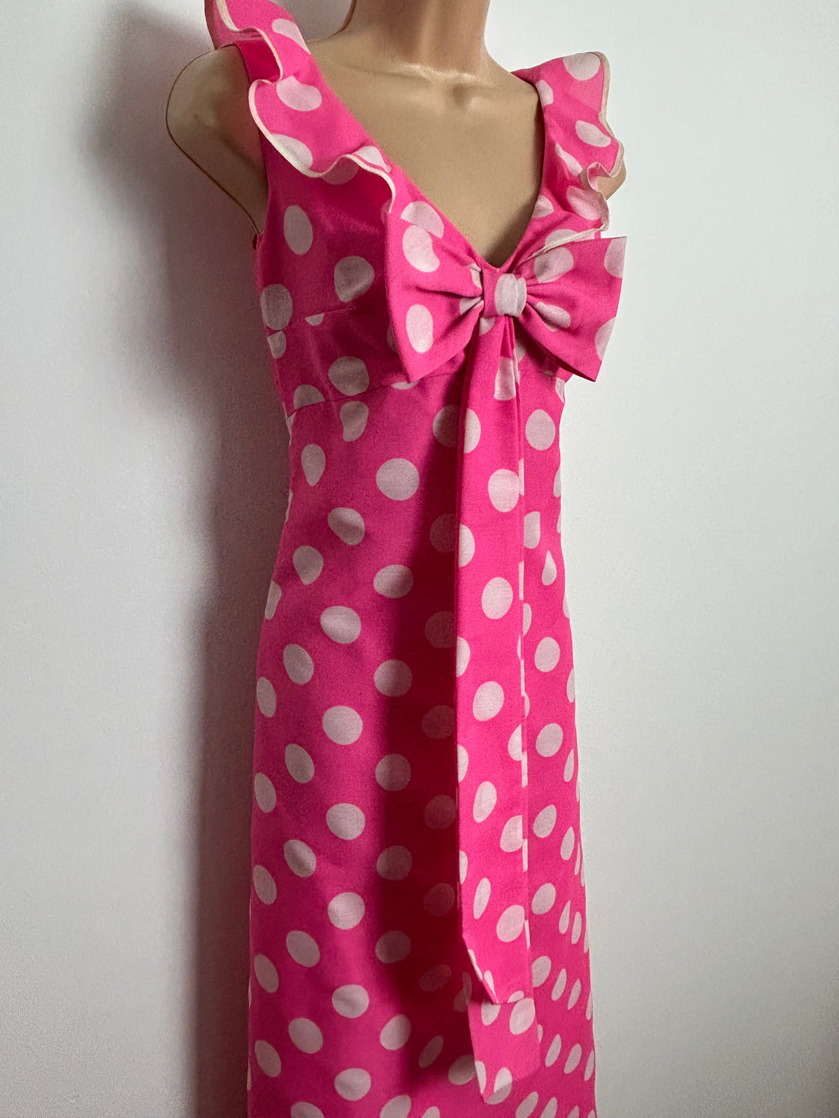 Vintage Early 1970s Size 8 Candy Pink & White Spot Print Ruffle & Bow Detail Sleeveless Maxi Dress