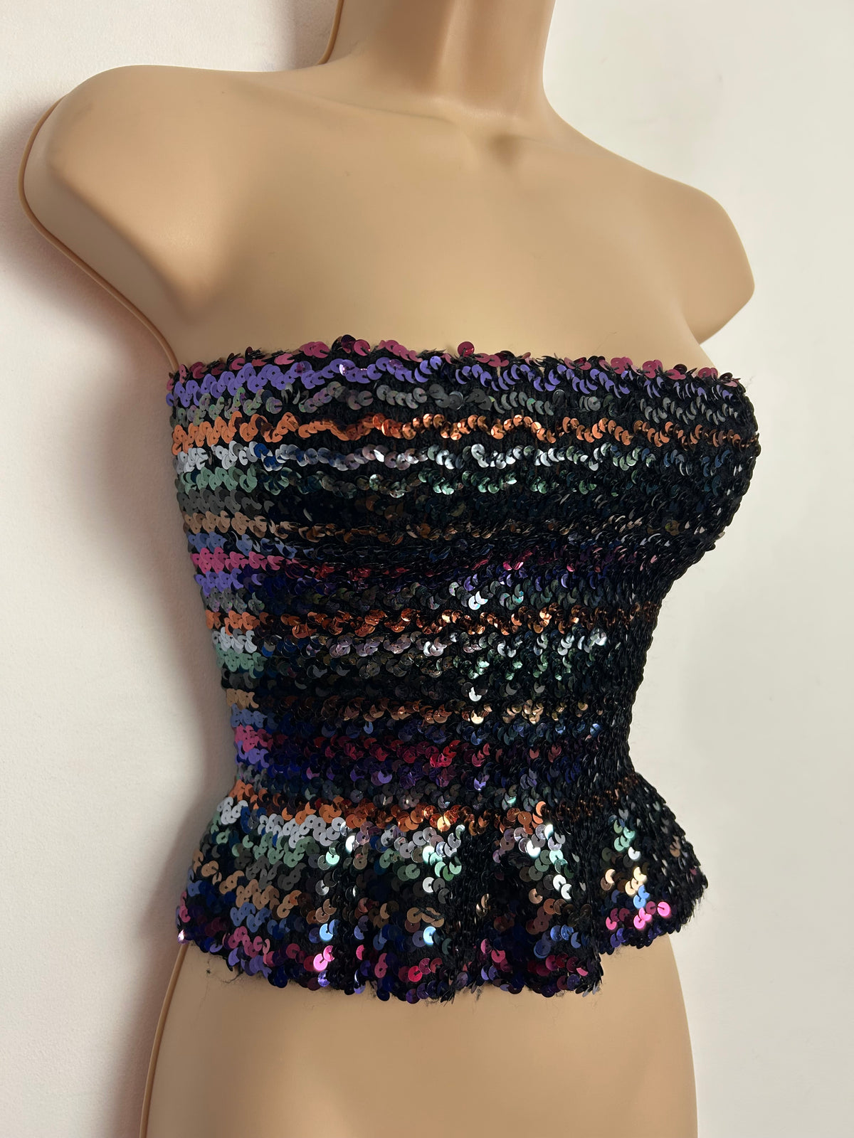 Vintage 1980s Up To size 10/12 Strapless Sequin Stretchy Peplum Style Bandeau Disco Party Top