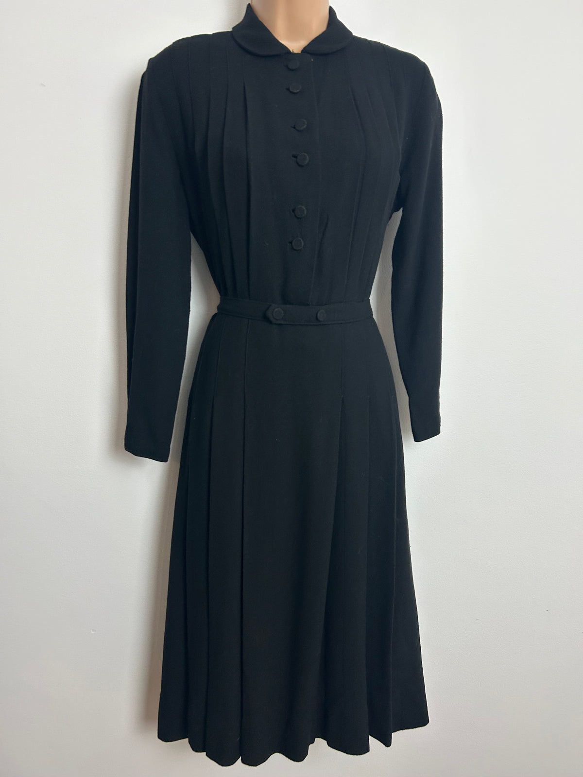 Vintage 1940s Size 12 Black Woven Rayon Pleated Belted Tea Day Dress