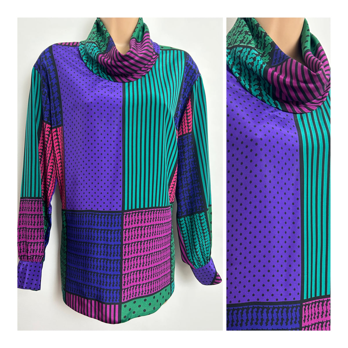 Vintage 1980s FELICIA Size 14-16 Green Purple Pink & Black Abstract Print Cowl Neck Long Sleeve Blouse