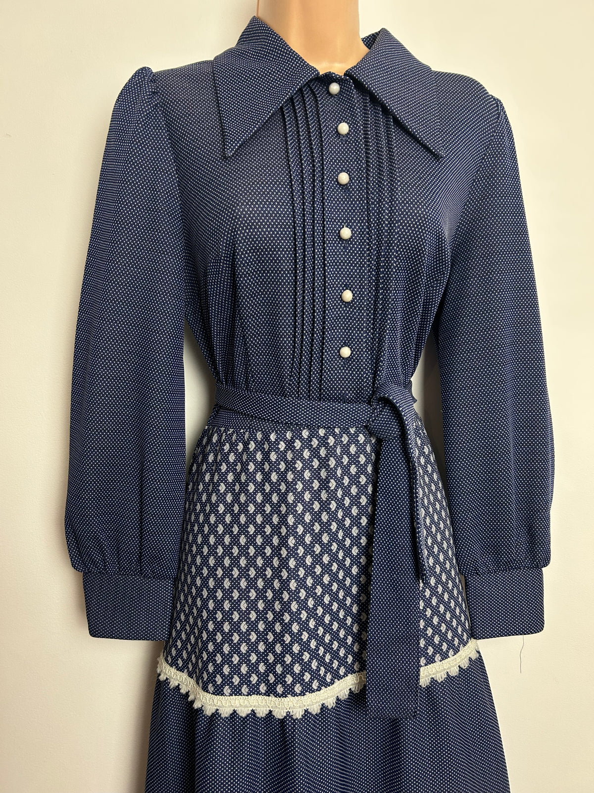 Vintage 1970s Size 12 Dark Blue Polka Dot & Abstract Print Dagger Collared Belted Tiered Maxi Dress