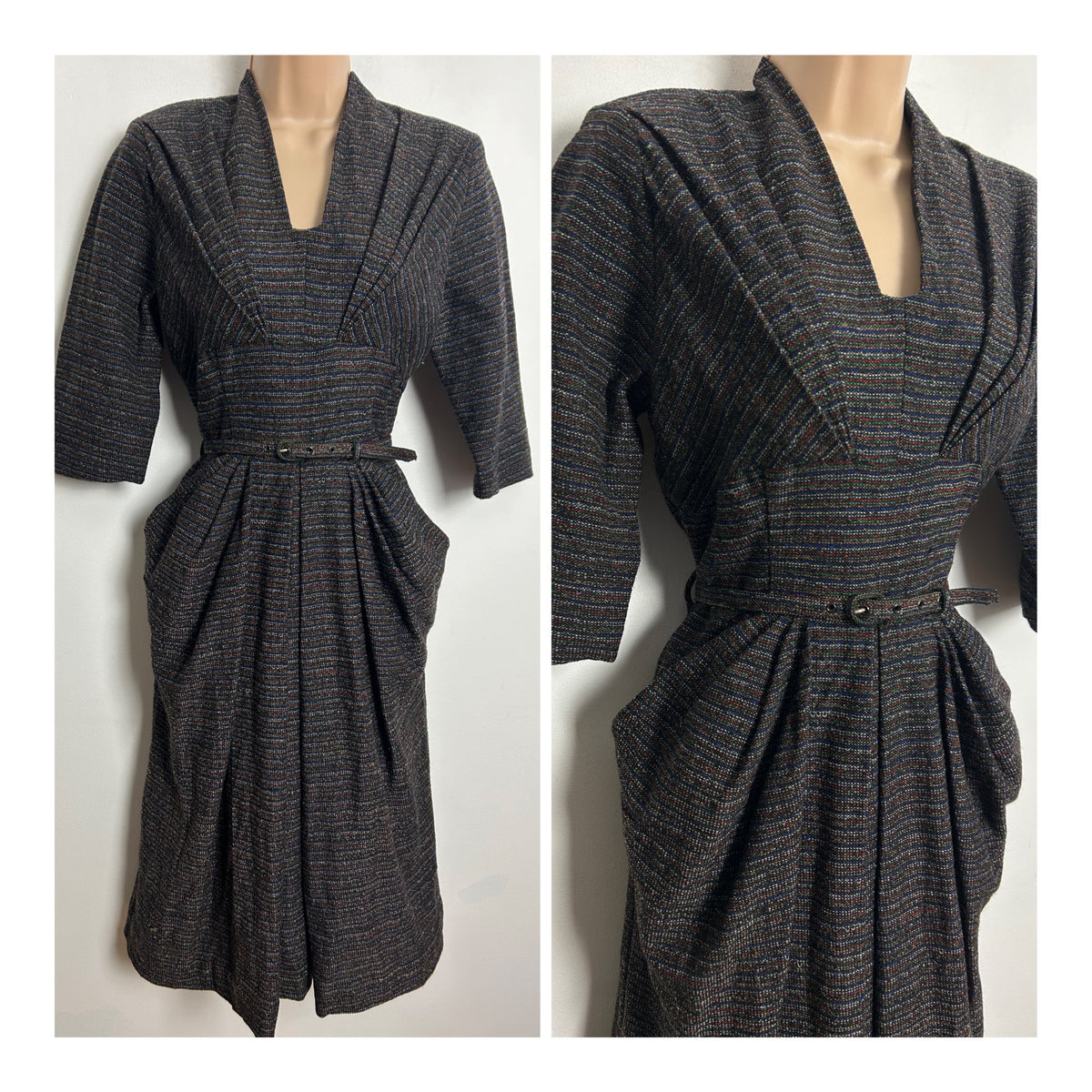 Vintage 1940s Rare BRILKIE MODELS UK Size 10 Black Mix Woven Wool Belted Pleated Wartime Era Dress
