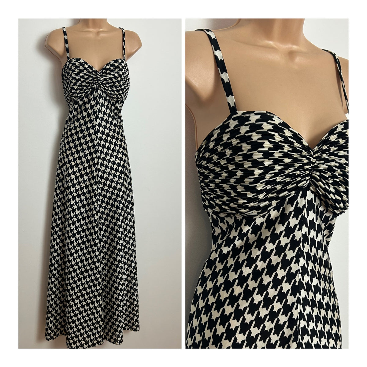 Vintage Late 1960s CARNEGIE OF LONDON Size 12 Black & White Dogtooth Check Occasion Maxi Dress