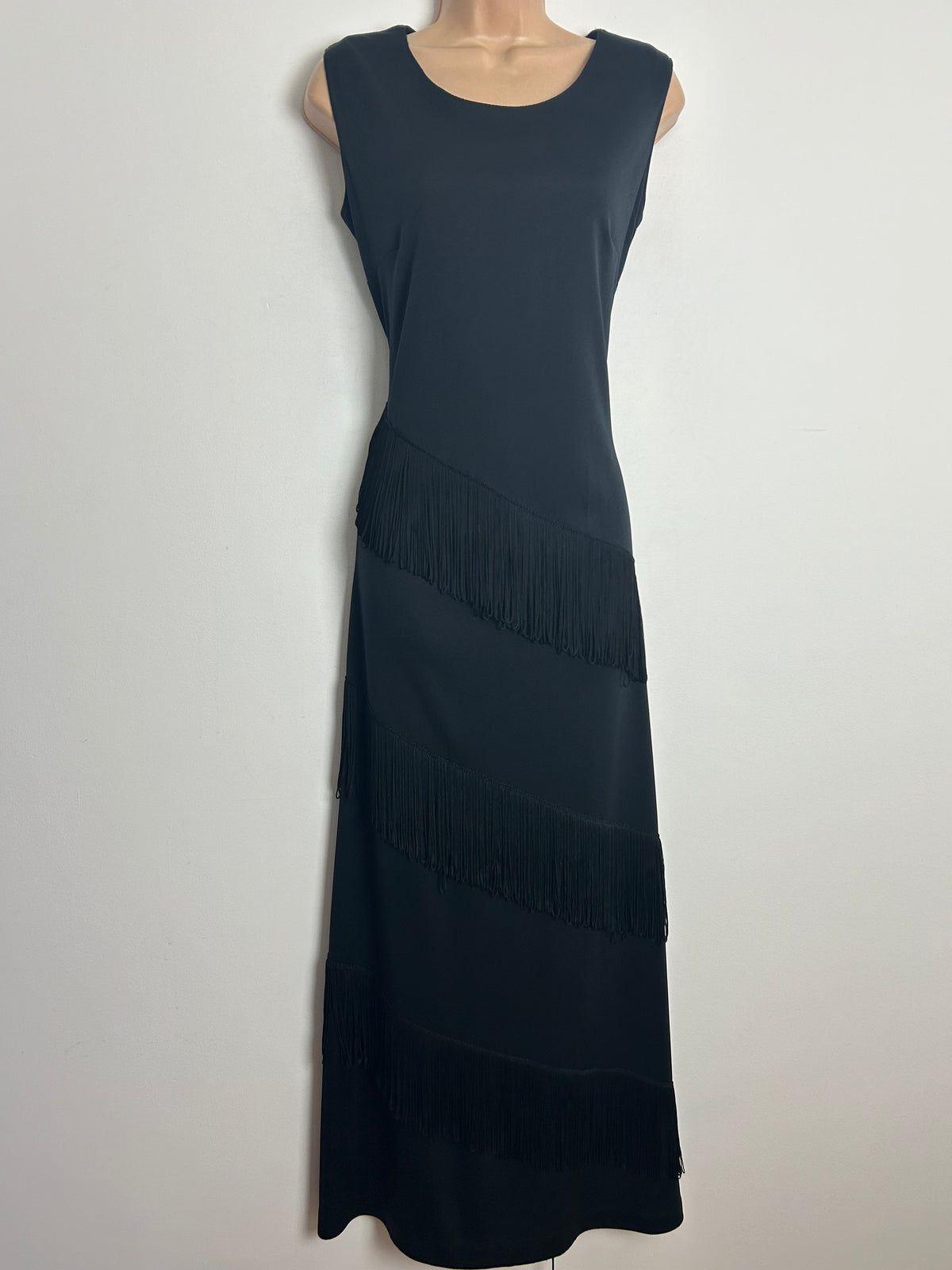 Vintage 1970s Size 12 Black Sleeveless Fringe Tassel Detail Evening Occasion Maxi Dress