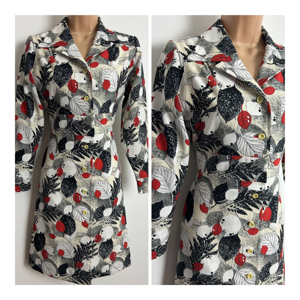 Vintage 1970s Size 12 White Beige & Red Leaf Print Long Sleeve Day Dress