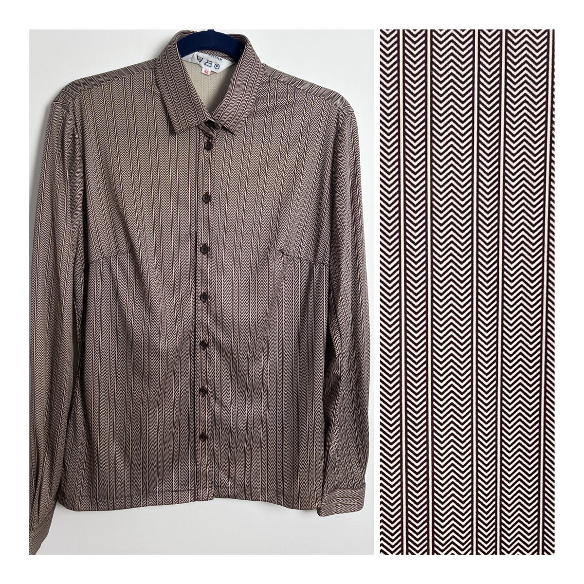 Vintage 1970s Size 14 Brown & White Chevron Stripe Print Long Sleeve Shirt