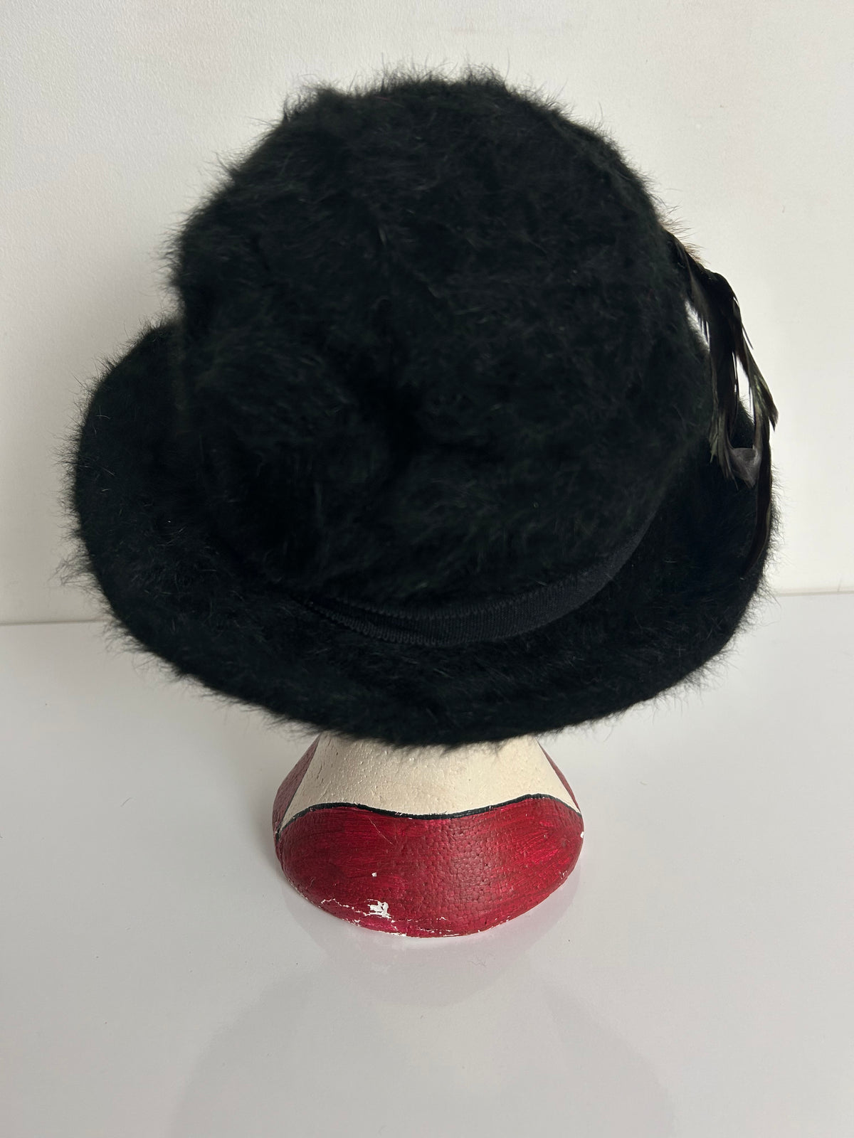 Vintage Black Soft Angora Wool Feather Detail Trilby Style Hat