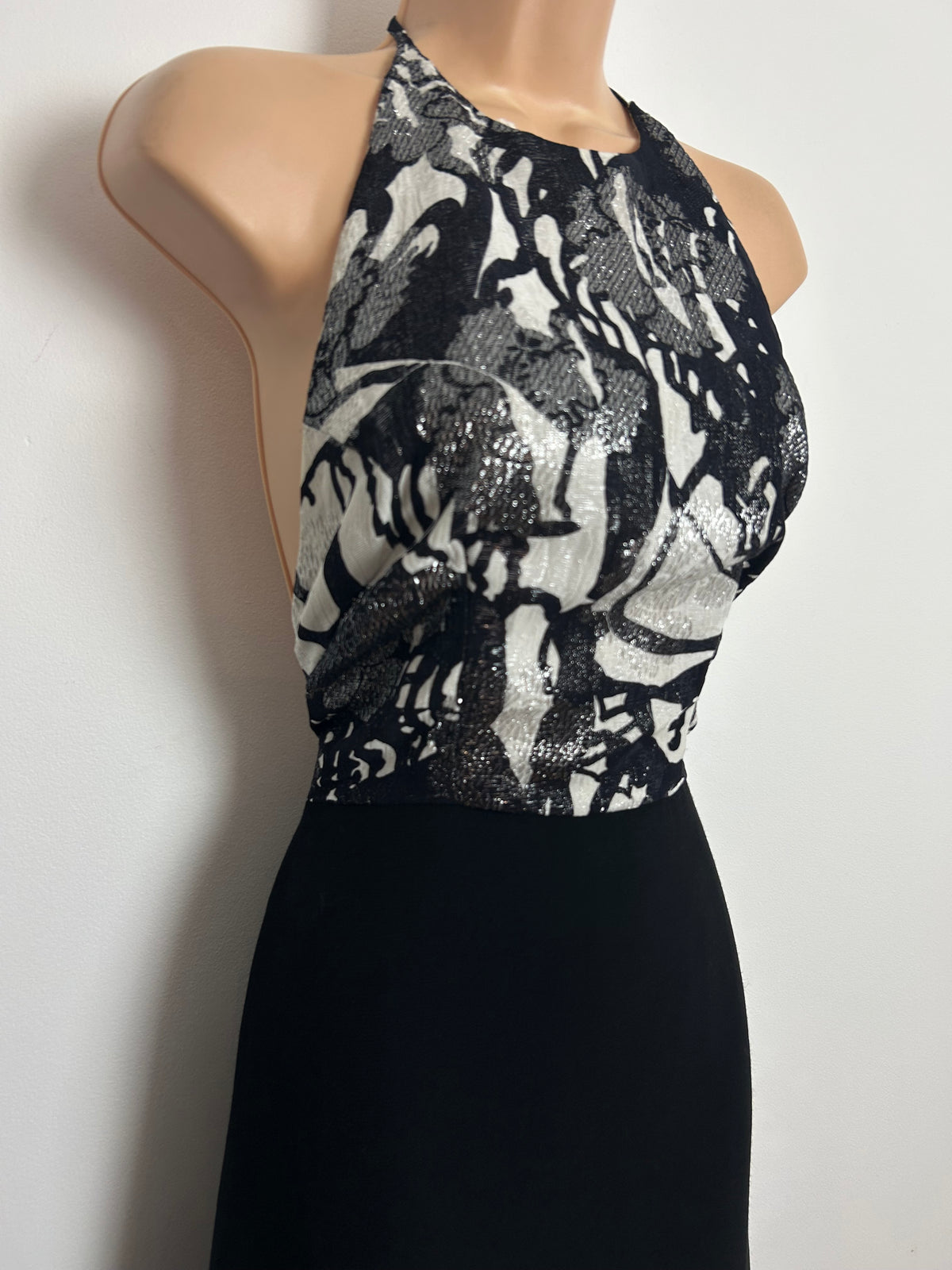 Vintage 1970s Size 8 Black & White Lurex Patterned Bodice Halter Occasion Maxi Dress