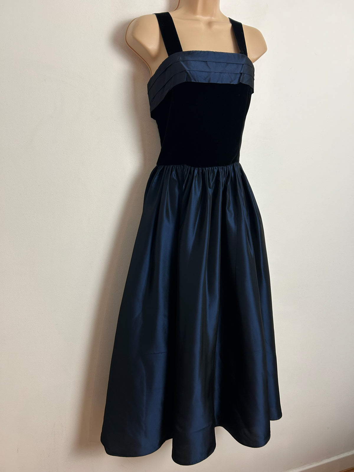 Vintage 1980s LAURA ASHLEY UK Size 10-12 ( Size 16 On Label) Midnight Blue & Black Party Dress