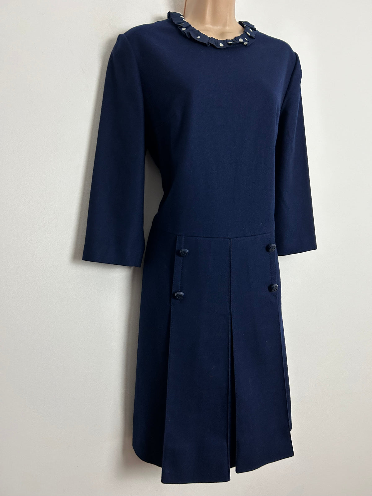 Vintage 1960s UK Size 10-12 Navy Blue Wool 3/4 Sleeve Polka Dot Collar Trim Mod Shift Dress