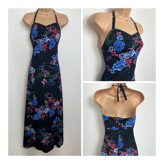 Vintage 1970s Size 6 Black Dusky Pink Blue & Green Floral & Abstract Print Halter Neck Maxi Dress