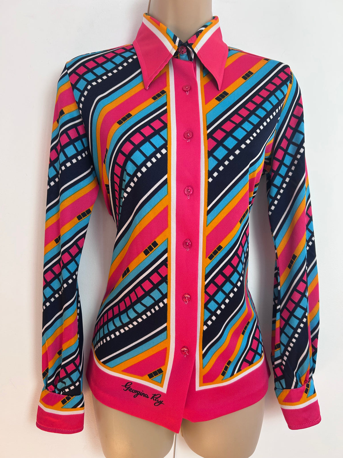 Vintage 1970s Size 10-12 JERSEY MASTERS Hot Pink Orange Turquoise &Navy Blue Stripe Long Sleeve Shir