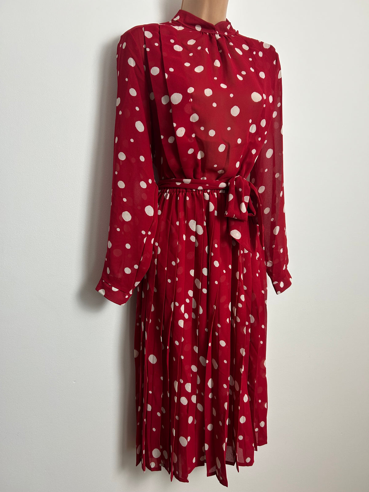 Vintage Early 1980s ST MICHAEL Size 12 Red & White Polka Dot Spot Print Belted Pleated Dress