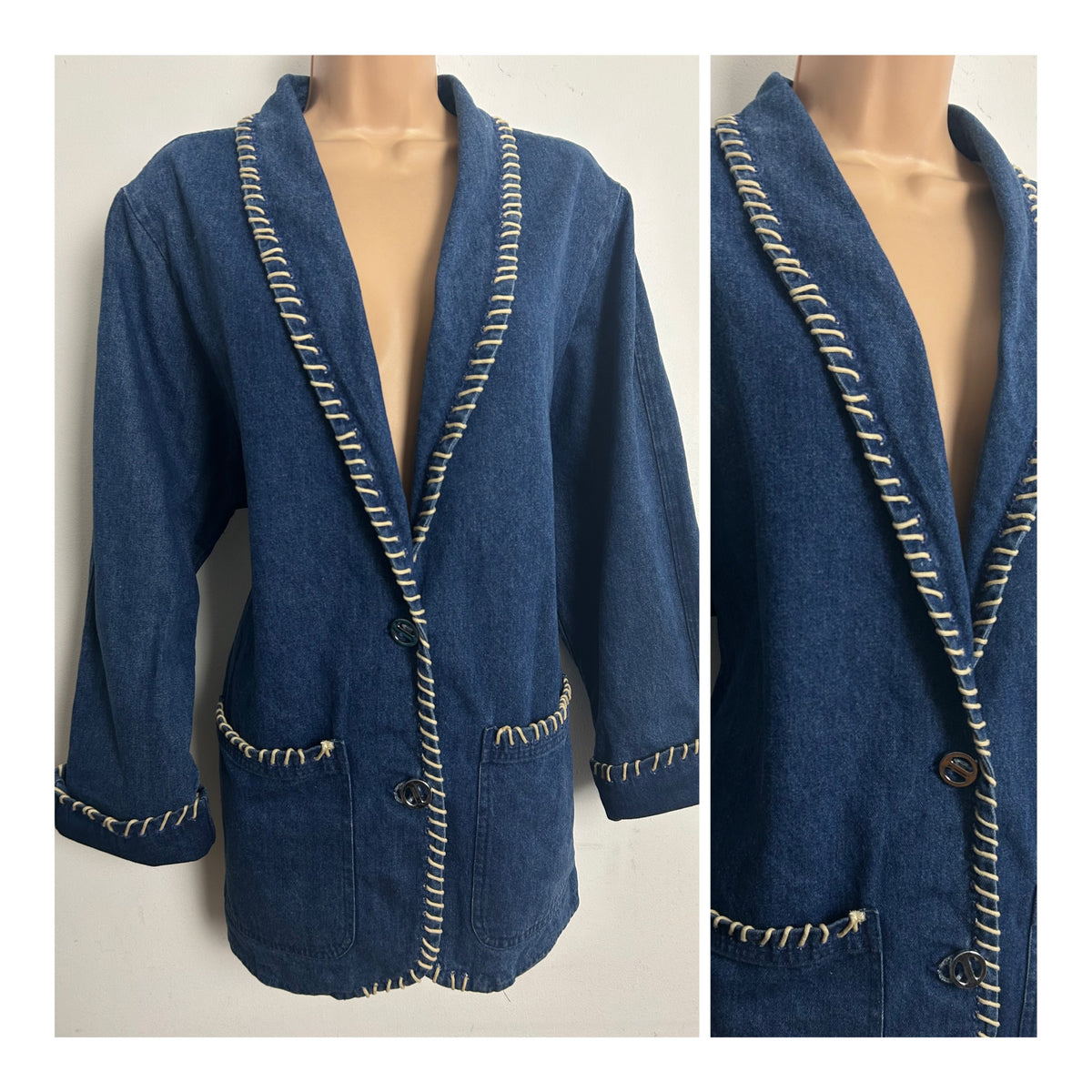 Vintage 1980s CAMBRIDGE DRY GOODS Size M (12-14) Denim Blazer With String Trim Detail