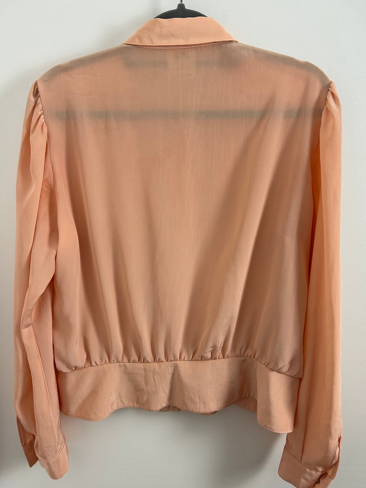 Vintage 1980s FRANKENWALDER Size 12-14 Pale Peach Pleat Detail Long Sleeve Peplum Blouse