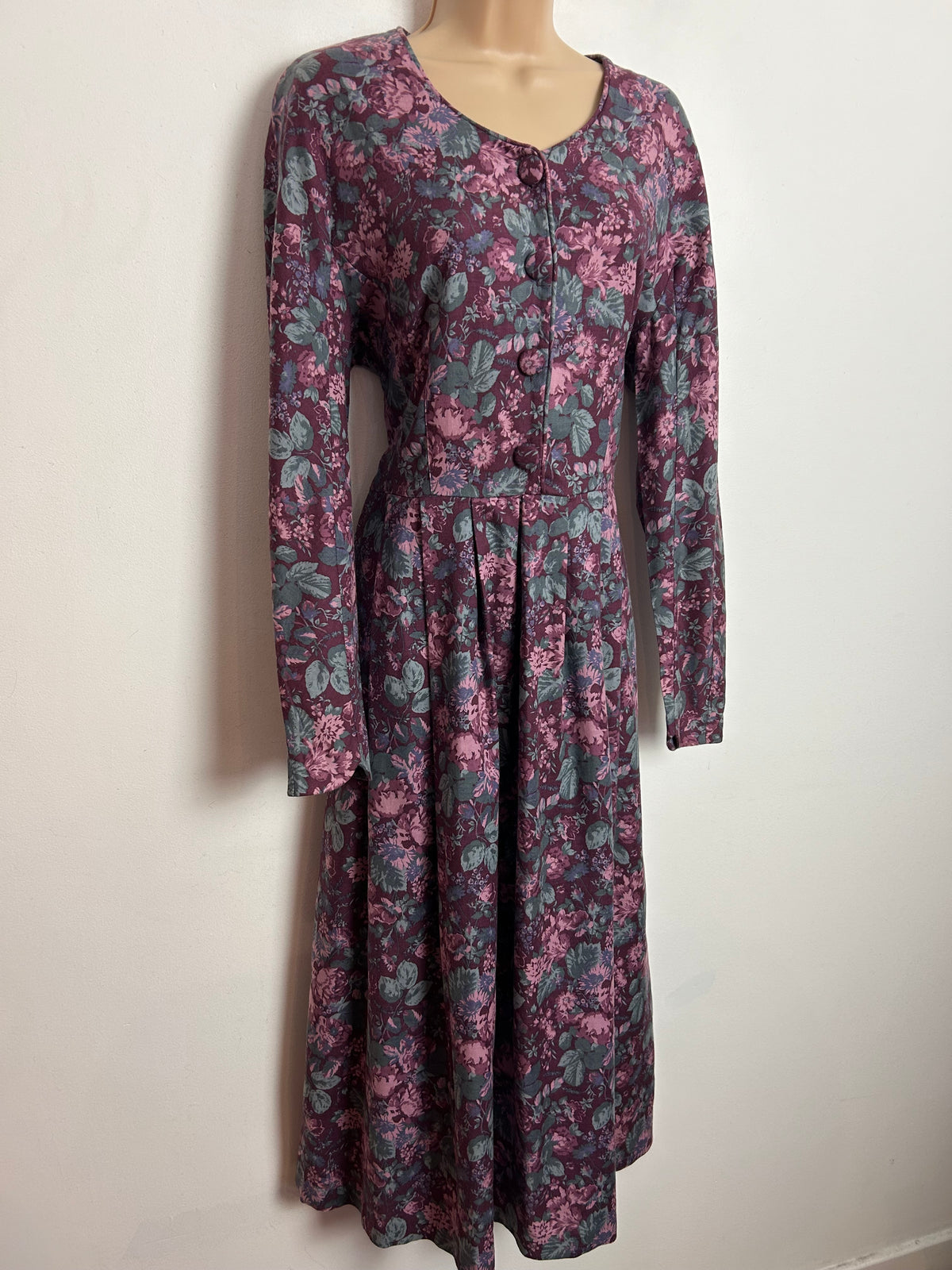 Vintage 80s LAURA ASHLEY UK Size 12 (Size 14 On Label) Plum Purple & Pink Floral Print Wool Mix Midi Dress Made In Rep Of Ireland