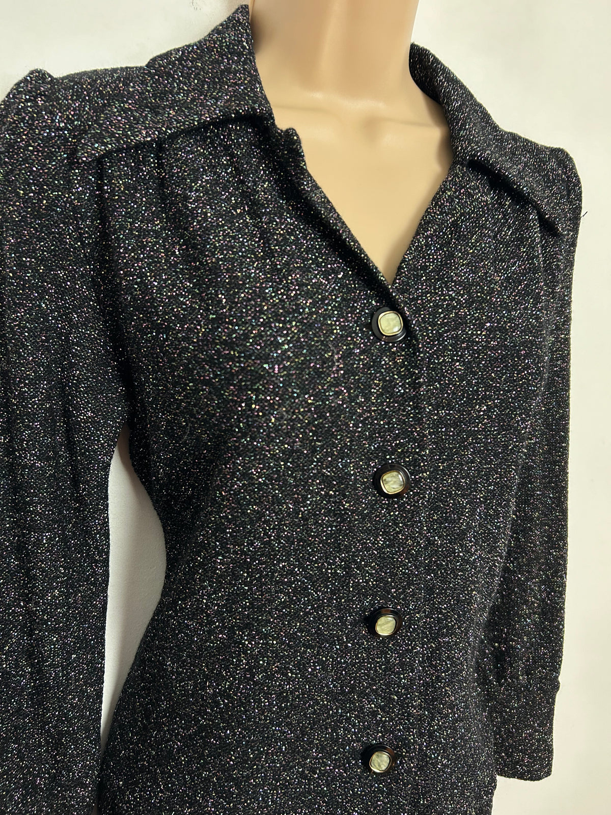Vintage 1970s UK Size 10 Black Glittery Lurex Long Sleeve Shirt Top