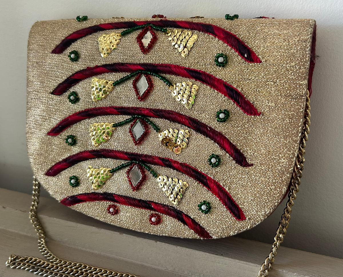 Vintage 1970s REGAL Small Red & Metallic Gold Mirror Sequin Bead & Embroidered Detail Shoulder Bag