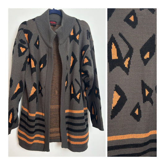 Vintage 1980s NABUKI Up To Size 14/16 Grey & Orange Abstract Print Wool Mix Open Fronted Slouchy Cardigan