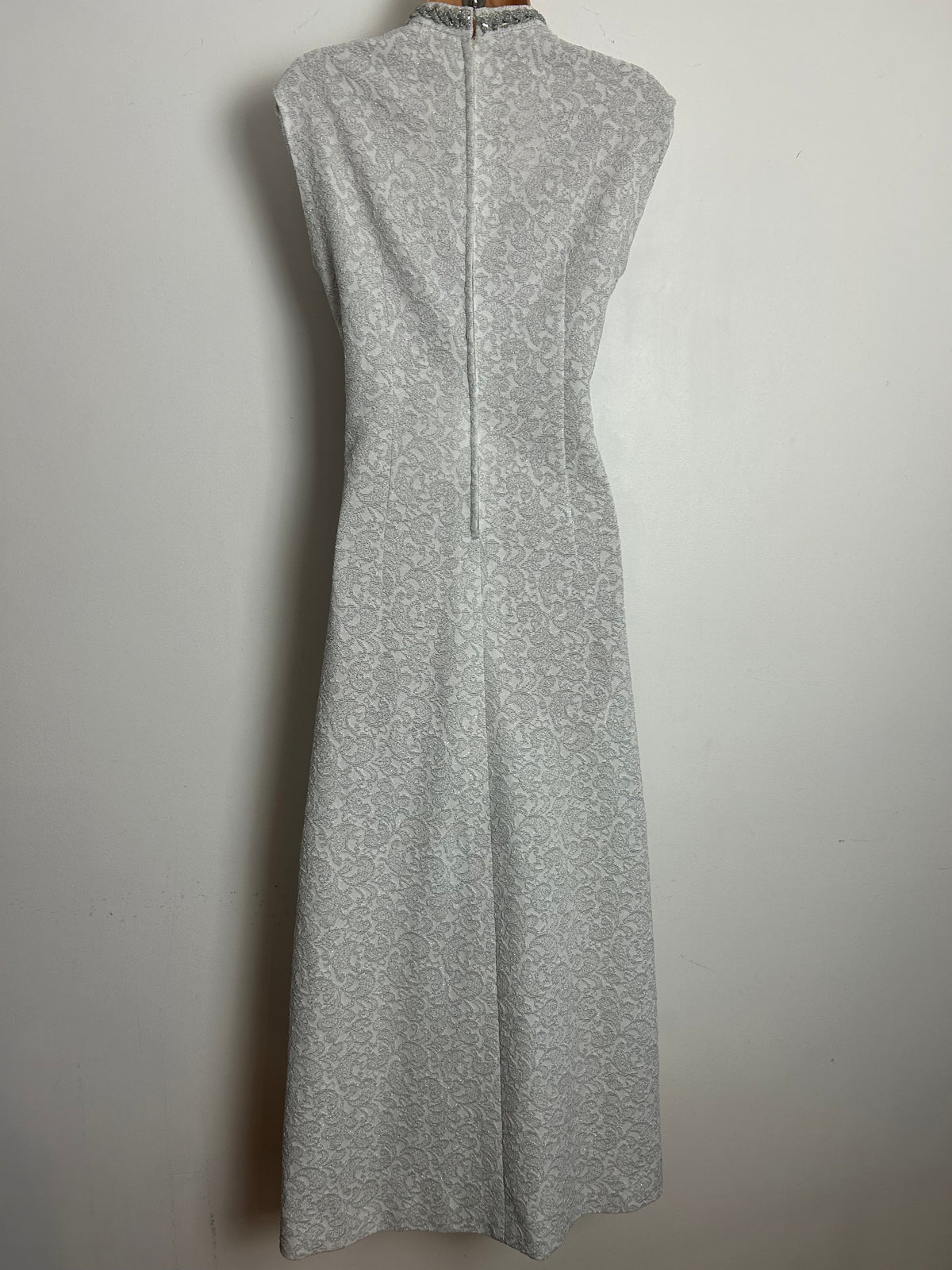 Vintage 1960s Size 12 White & Metallic Silver Braid Trim Crimplene Occasion Evening Maxi Dress