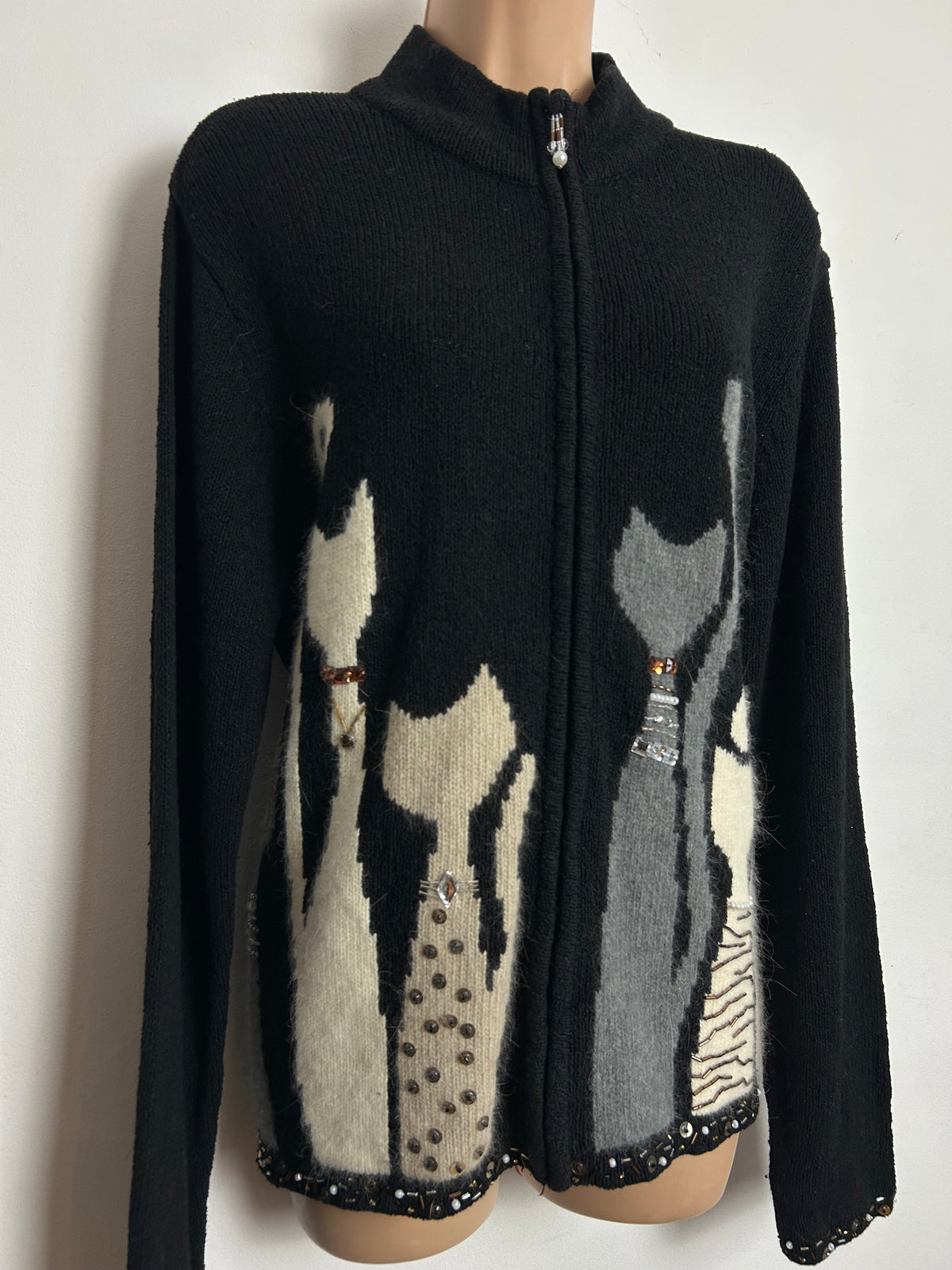 Vintage 1980s Up To Size 14-16 Black Beige Grey & Cream Novelty Cat Print Cardigan