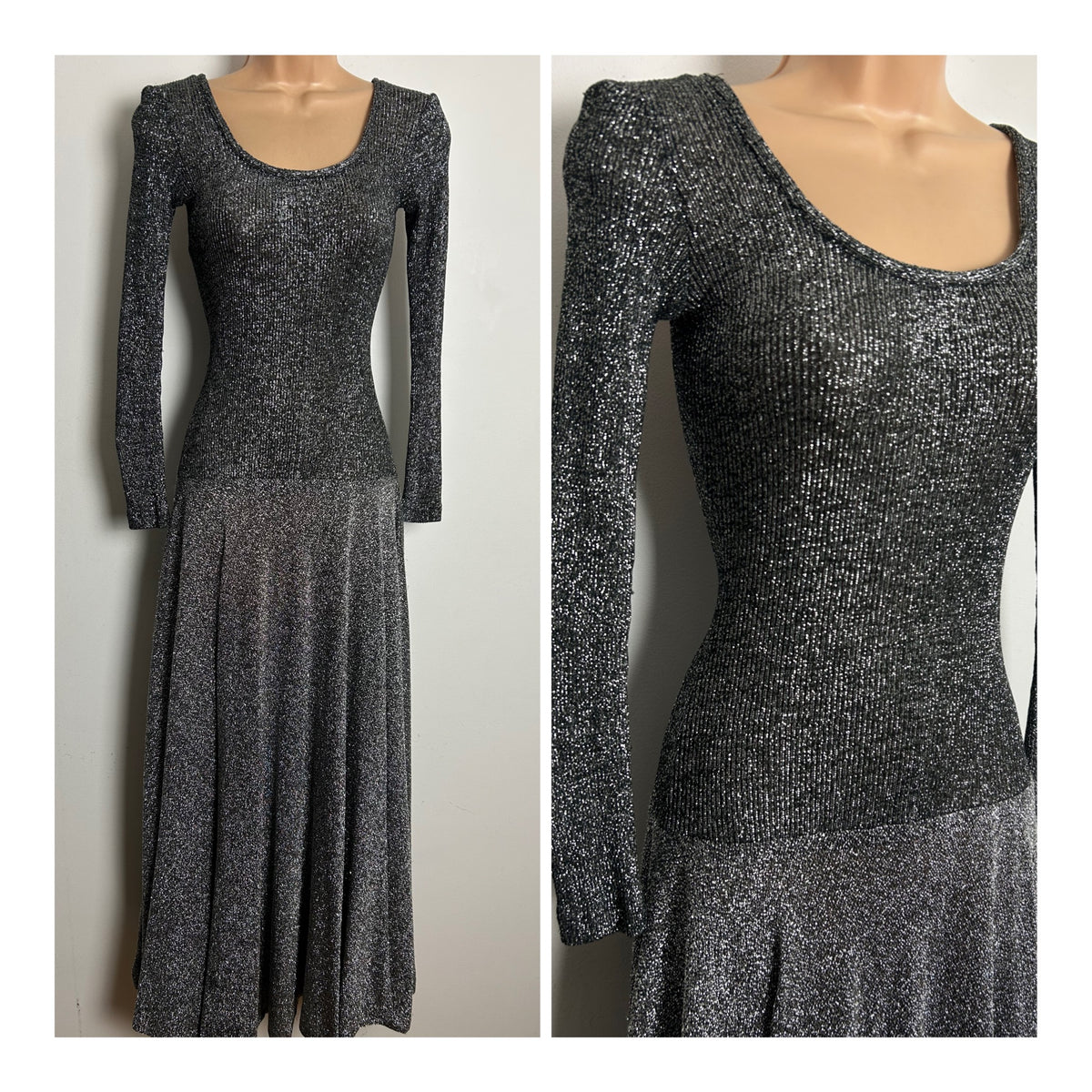 Vintage 1970s JOHN MARKS Up To Size 10 Black Silver Lurex Long Sleeve Evening Maxi Dress
