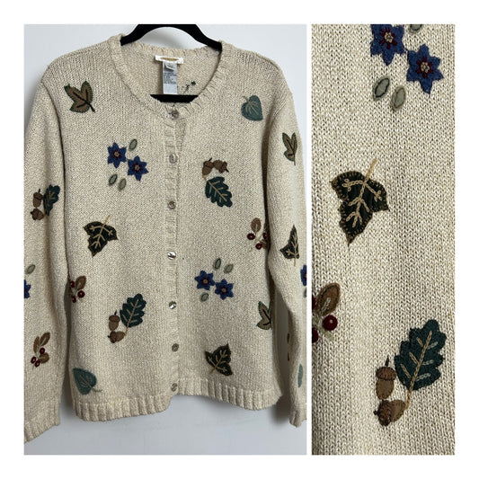 Vintage Late 80s Early 90s Size L Beige Autumnal Leaf & Acorn Applique Linen & Cotton Mix Cardigan