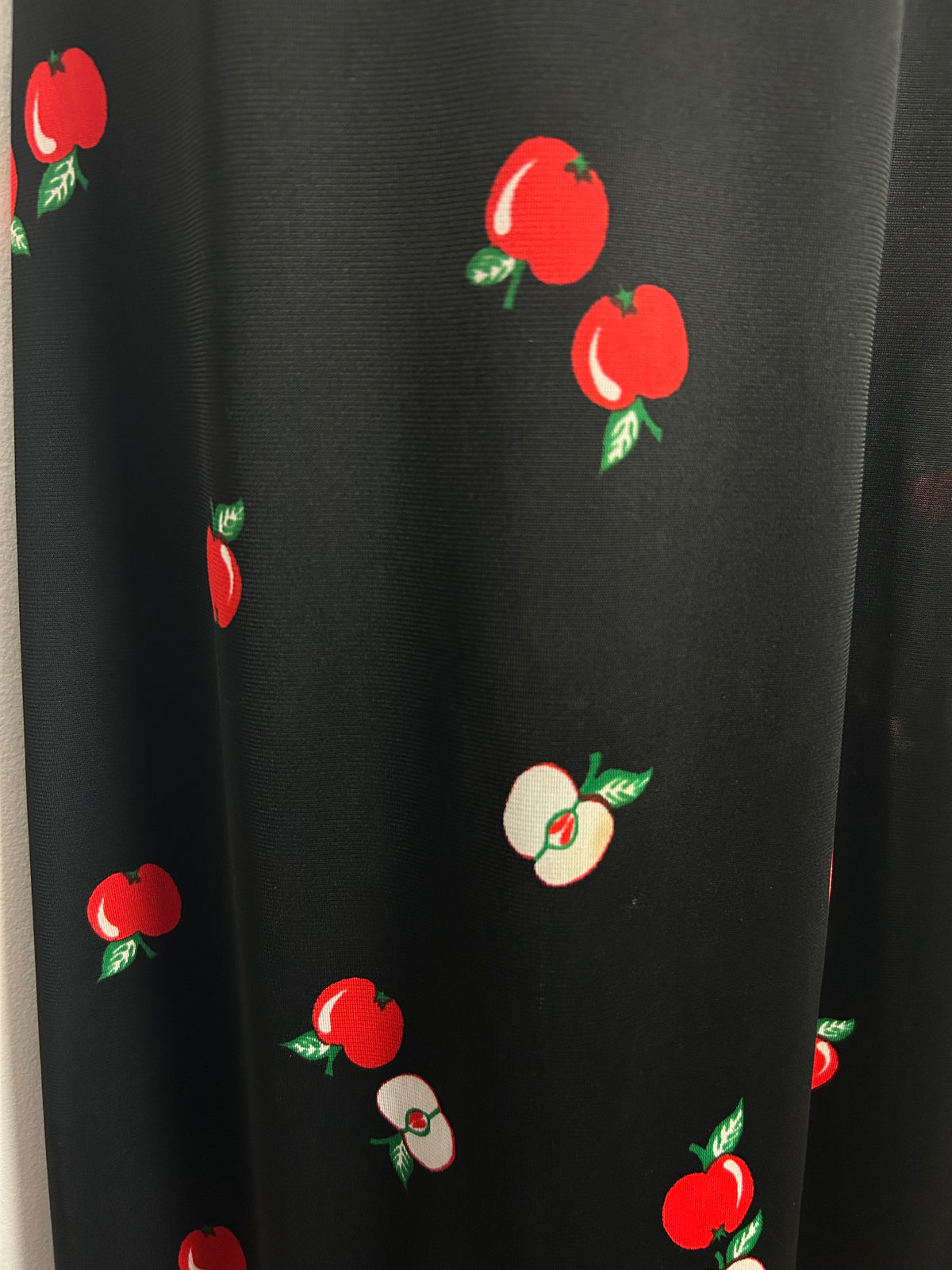 Vintage 1970s Size 10 Cute Black & Red Apple Print Strappy Maxi Dress