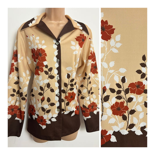 Vintage 1970s Size 14-16 Beige Dark Red Brown & White Floral Print Long Sleeve Shirt