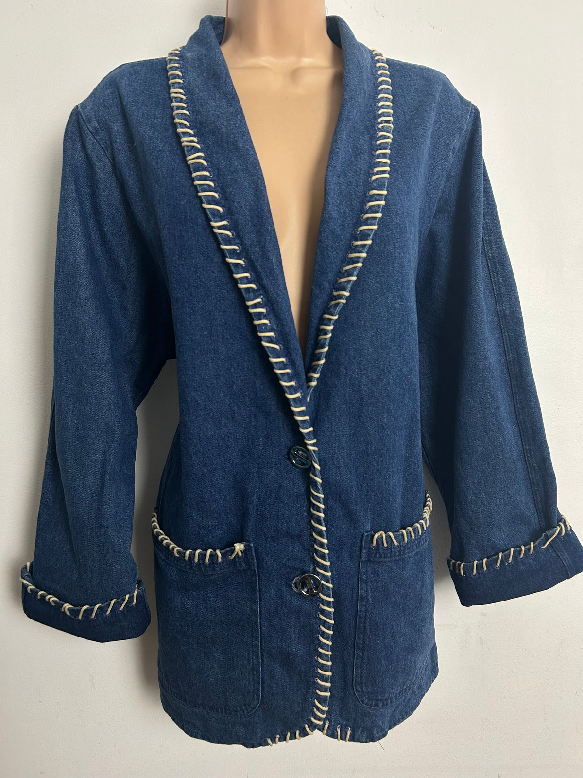Vintage 1980s CAMBRIDGE DRY GOODS Size M (12-14) Denim Blazer With String Trim Detail
