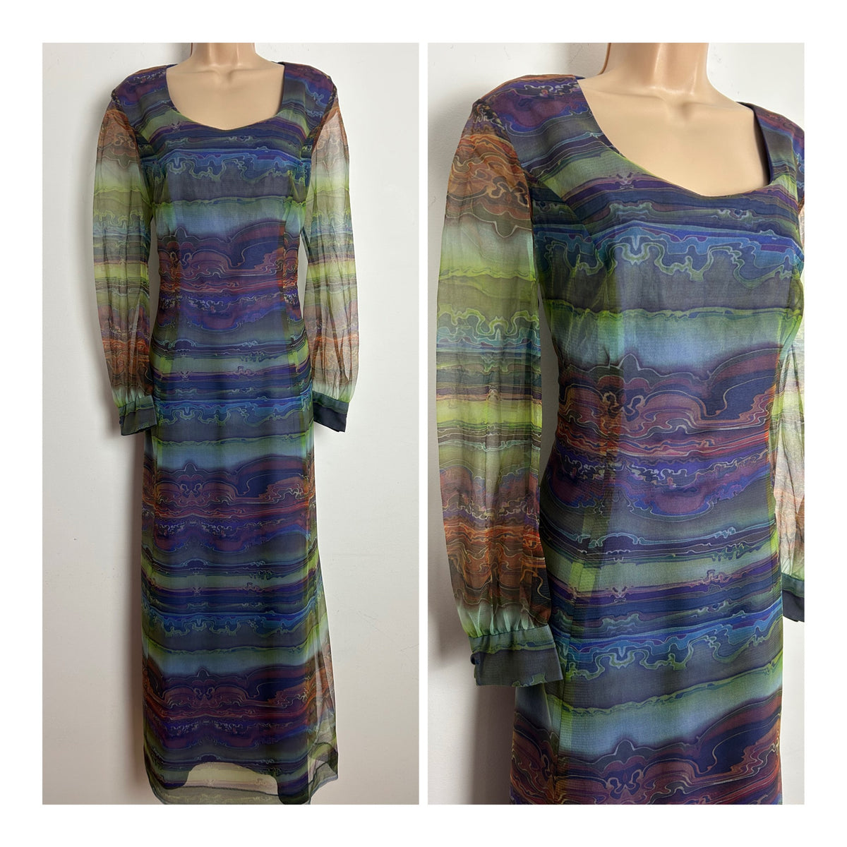 Vintage 1970s LINDA LEIGH Size 12 Blue Purple & Green Abstract Print Chiffon Long Sleeve Maxi Dress